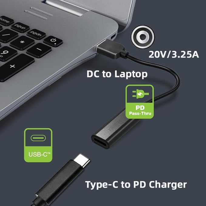 7.4x5.0mm Dell Slim Tip Adapter (Requires 100W PD Charger), Female USB-C to Male Power Connector for 45W/65W/90W 7.4mm Dell Laptops, Will NOT Charge with Phone Charger