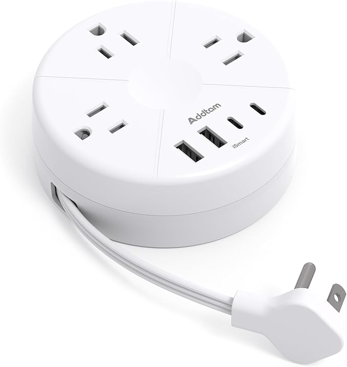 Addtam Travel Esstentials - Cruise Approved Power Strip with 5ft Retractable Cord, Ultra Thin Flat Plug, 3 Outlets 4 USB (2 USB C), Non Surge Protector for Travel/Cruise/Home/Dorm/Office, ETL Listed