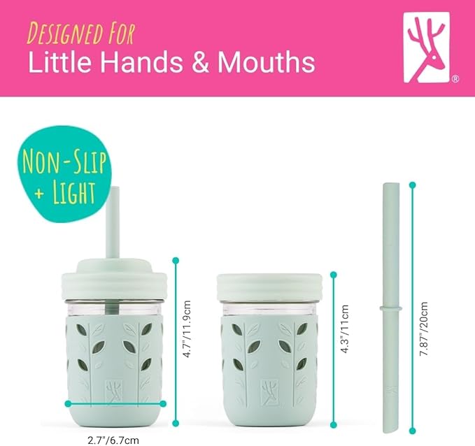 Elk and Friends Kids & Toddler Cups | The Original Glass Mason jars 8 oz with Silicone Sleeves & Silicone Straws with Stoppers | Smoothie Cups | Spill Proof Sippy Cups for Toddlers | 8 Pack