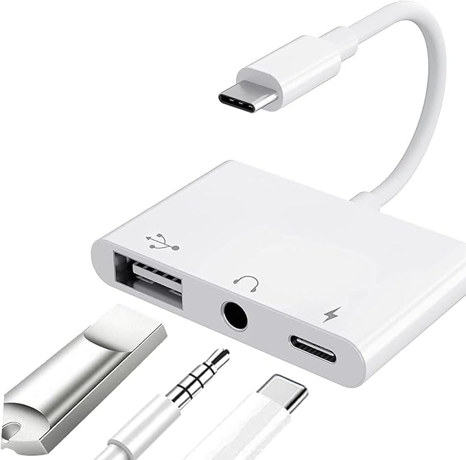 USB C to USB Adapter for MacBook, 3-in-1 USB C to USB-A OTG Splitter with 3.5mm Audio Jack and PD Fast Charging Port Compatible with iPhone 15, iPad Pro, Samsung Galaxy S23