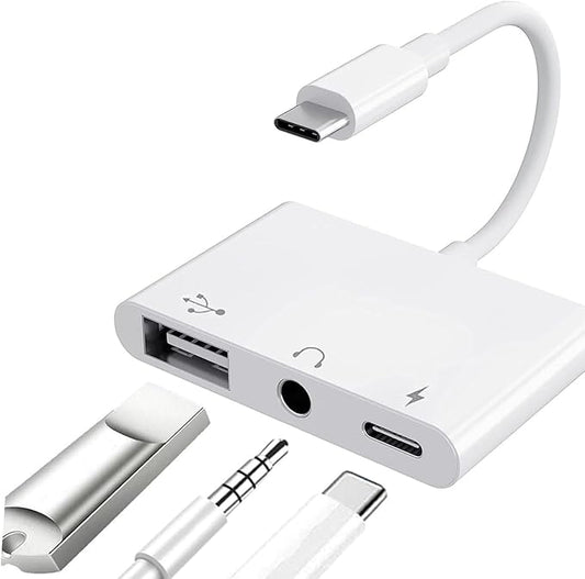 USB C to USB Adapter for MacBook, 3-in-1 USB C to USB-A OTG Splitter with 3.5mm Audio Jack and PD Fast Charging Port Compatible with iPhone 15, iPad Pro, Samsung Galaxy S23