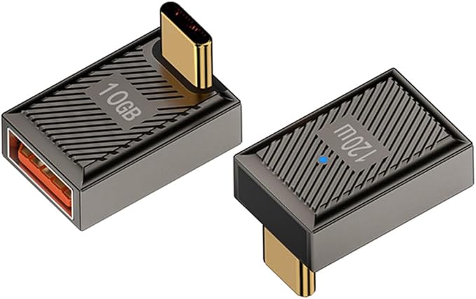 2 Pack 90 Degree Right Angle USB-C to A Adapter,10Gbps 120W Fast Charge OTG with LED,for Smartphone,Laptop,Power Bank (Positive Bend USB-C to USB-A with LED Indicator)