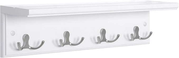 SONGMICS Entryway Hanging Coat Rack, Wall-Mounted Wooden Shelf, with 4 Double Hooks, Wall Floating Shelf, White ULHR42WT