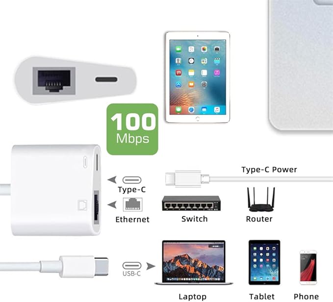 NFHK Type C USB-C to 100Mbps Networking RJ45 with PD Power Charge Adapter Compatible with Laptop Tablet Phone