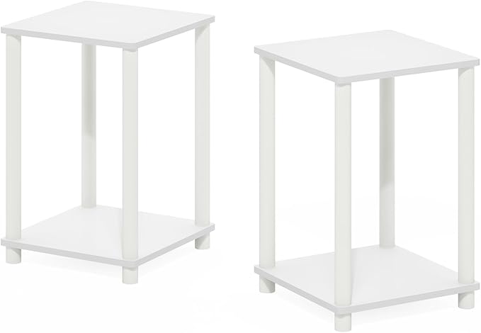 Furinno Turn-N-Tube Side Table Set of 2, 2-Tier Stackable End Table with Open Shelf, Toolless Night Stand, Bedside Table, for Living Room, Bedroom, White