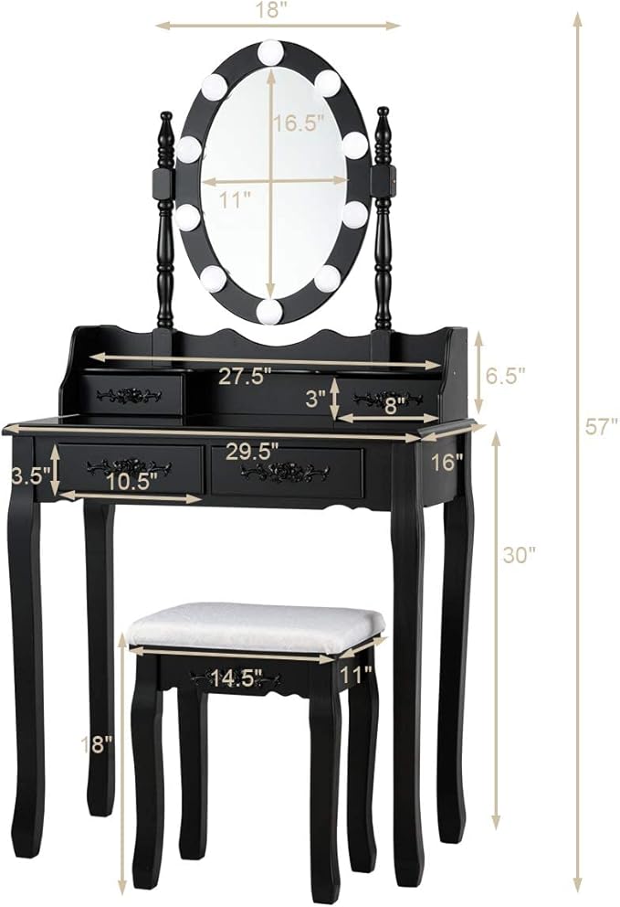 Giantex Makeup Vanity Table with 10 LED Lights, Adjustable Brightness, 4 Drawers, Rotatable Mirror, Cushioned Stool, Vanity Desk Dressing Table Bedroom Furniture (Black)