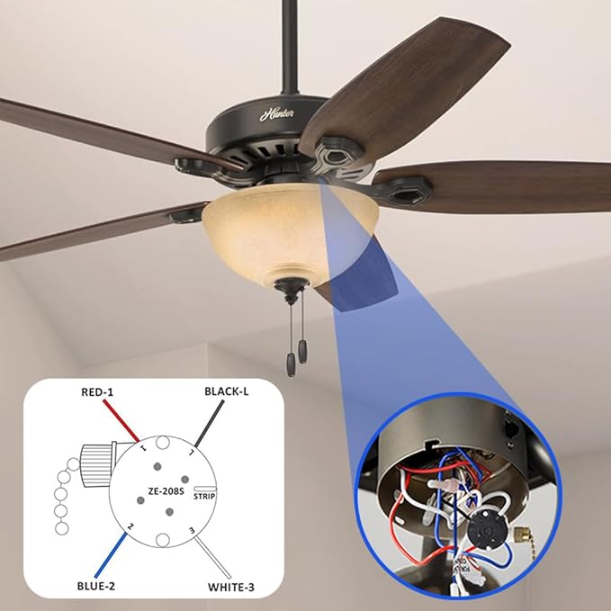 Ceiling Fan Switch Zing Ear ZE-208s E89885 3 Speed 4 Wire Pull Chain Switch Fan Light Switch Replacement Part with 4 Pre-Installed Wires(Brass Chain)
