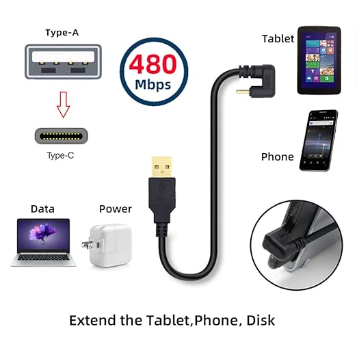 NFHK USB2.0 Type-A to Type C USB-C Male to Male Power Data Cable 5Gbps USB-C Opposite U Shape Back Angled
