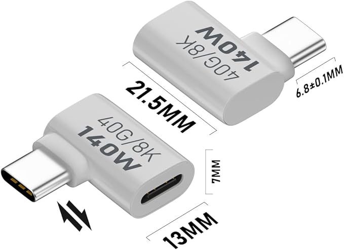USB C Female to Male 90 Degrees Adapter, USB Type C Coupler Extender Support 140W, 40Gbps, 8K@60Hz for Laptop, Phones and More Type C Devices (White),2 Pack.