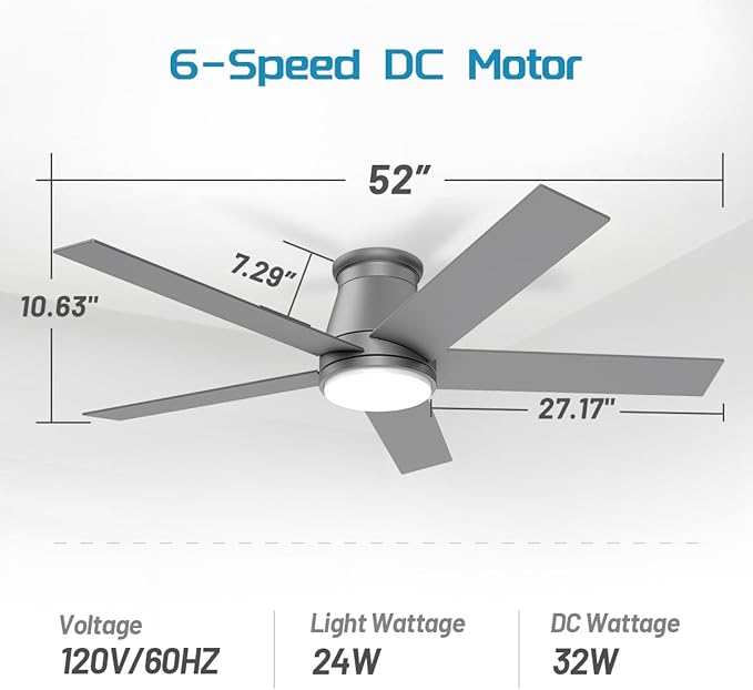 wurzee 52 Inch Flush Mount Ceiling Fan, Matte Silver Ceiling Fan with Light, Reversible DC Motors, Dimmable,Timer, Noiseless, Ceiling fan for Indoor & Outdoor Farmhouses, Dining Rooms