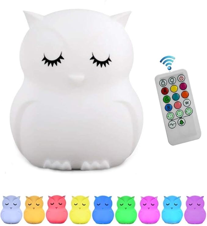 Owl Night Light for Kids, Rechargeable LED Bedside Lamp for Children, 9 Changing Color Silicone Nursery Lamp for Breastfeeding, Eyes Caring, Tap Adjustable Brightness & Colors