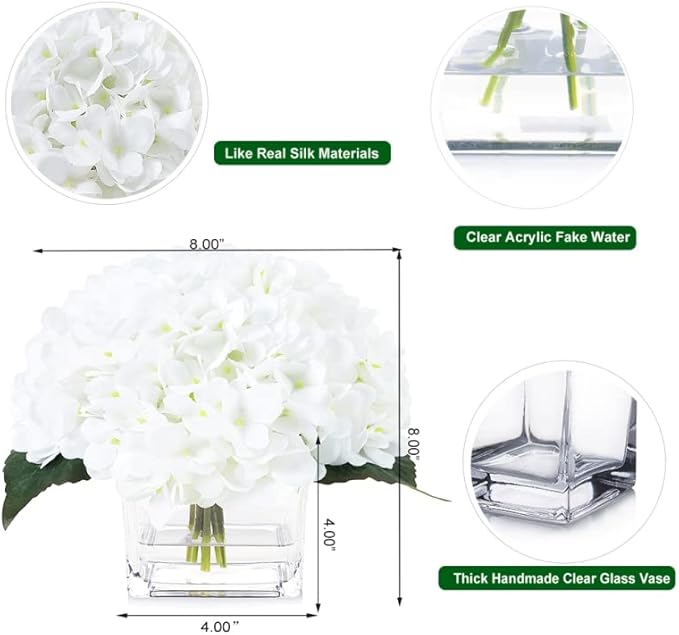 Silk Hydrangea Artificial Flowers in Vase with Faux Water, Silk Flower Arrangements in Vase for Wedding, Dining Table, Living Room (White)