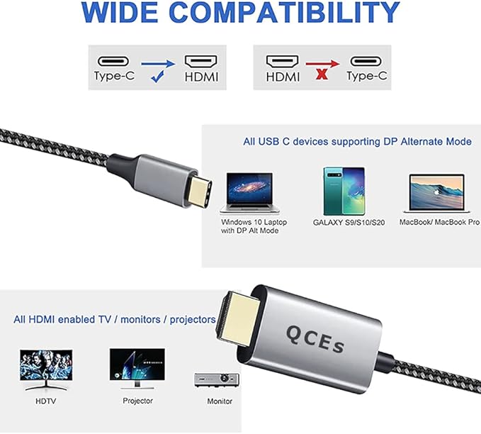 QCEs USB C to HDMI Adapter Cable 6Ft, Thunderbolt 3 to HDMI Cable for Home Office, 4K Display Compatible for iPhone 16/15 Plus Pro Max, MacBook Pro/Air, Galaxy S25/24, Surface Book 2