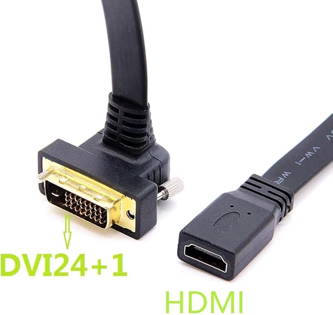 DVI to HDMI Flat Cable, Haokiang 1FT Gold-Plated DVI 24+1 Male to Hdmi Female 90 Degree Angle Converter Adapter Cable