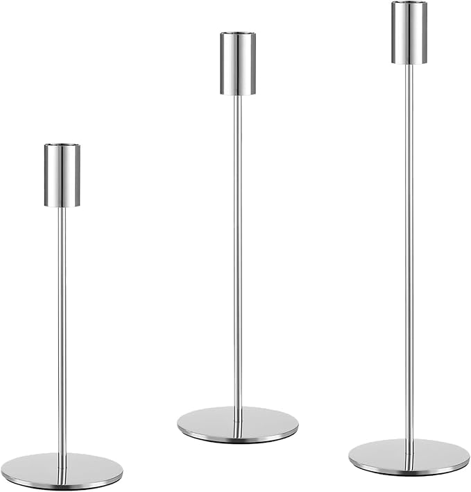 Set of 3 Silver Taper Candle Holders, Metal Gold Candlestick Holders, Tall Candle Holder, Fits 3/4 inch Thick Candle&Led Candles, for Table Centerpiece, Wedding, Dinning, Party Home Decor
