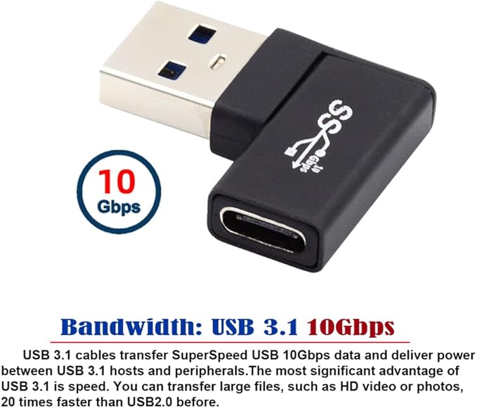 NFHK USB-C Type C Female to USB 3.0 A Male Data Adapter Flat Horizontal 90 Degree Left Angled for Laptop Desktop