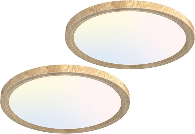 zemty LED Ceiling Light Wood - 12In 28W 3200lm Flush Mount Ceiling Light with 3 Color Temperature 3000K/4500K/6000K - Round Flat Light Fixture for Kitchen Bathroom Shower, 2Pack