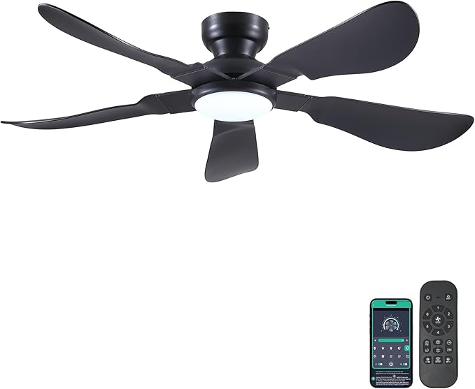52 Inch Modern Ceiling Fans with Lights, Flush Mount Ceiling Fan with Light and Remote/APP Control, 5 Reversible 6 Speeds Curved Blades, 3 CCT Dimmable Lights for Bedroom, Black