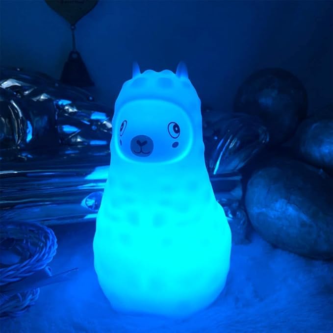 Animal Alpaca Kids Night Light, Children's Room LED Bedside Lamp, Rechargeable Soft Silicone Light, Adjustable Brightness and Colors, Compatible with Touch Control & Remote Control