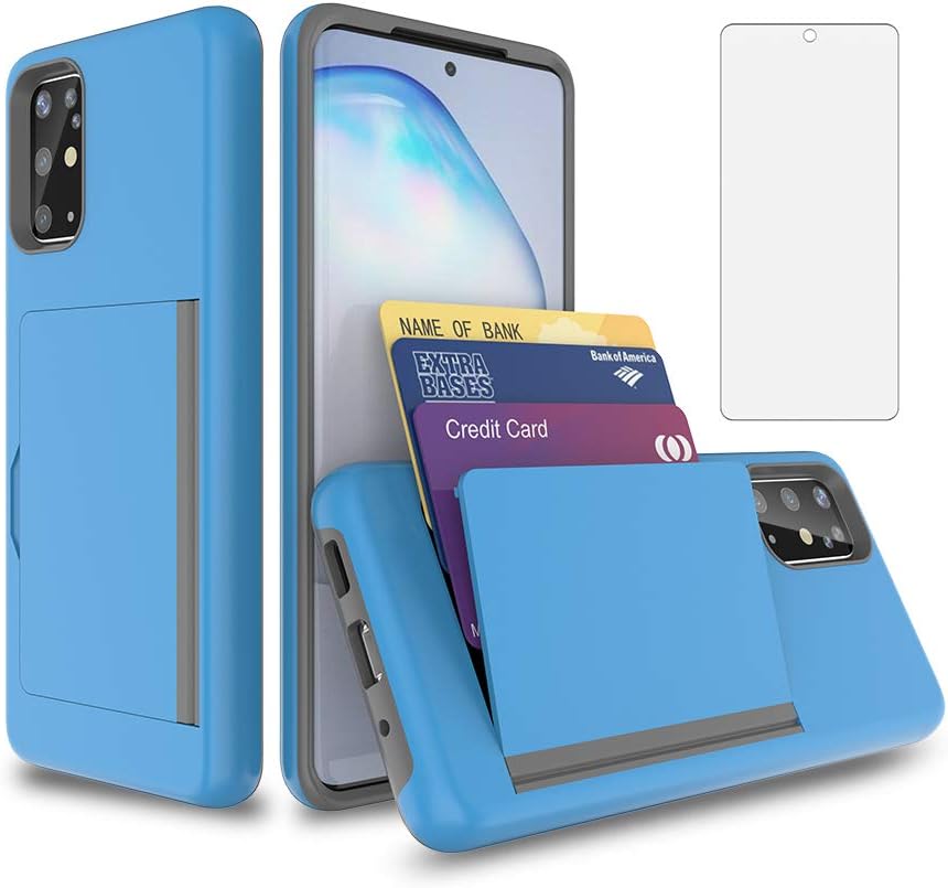 Phone Case for Samsung Galaxy A51 5G, Tempered Glass Screen Protector Cover with Credit Card Holder, Rugged Blue