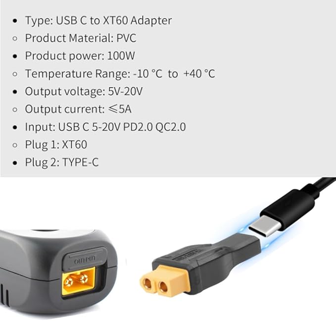 2-Piece Set XT60 Female to USB-C Female Adapter/Type-C to XT60 Connector Cable Compatible with Laptops, Tablets, Power Banks, and Outdoor Power Supplies