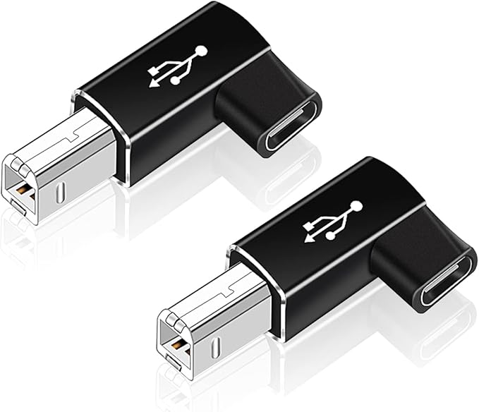 AreMe 2 Pack USB B to USB C Adapter, 90 Degree Right Angle Type C Female to MIDI Converter Compatible with Printer, Electric Piano, Laptops and More Type-C Devices