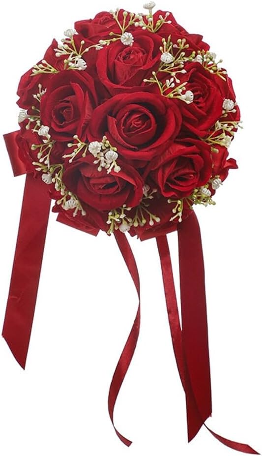 Wedding Bouquet Bride Flower Bridal Bouquets, Ribbon Artificial Rose Wedding Bouquets for Bride Bridesmaid Bouquet Dark Red Rose Bouquet Bride Bridesmaid Holding Flower for Wedding Decor