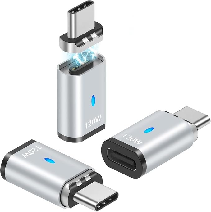 Magnetic USB C Adapter Straight 3 Pack, 120W USB Type C Connector 5Pin with USB2.0 480Mbps Data Transfer, Compatible for MacBook Pro/Air iPad Pro and More USB C Devices, Gray