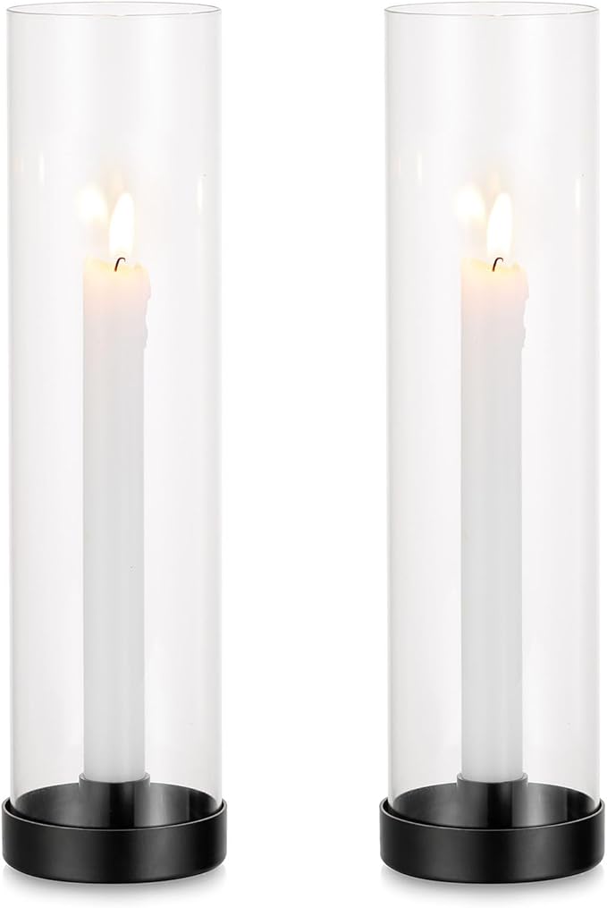 Romadedi Candlestick Candle Holders Hurricane Glass - 12 Inch Clear Black Taper Candle Holders for Table Centerpiece Wedding Party Birthday Christmas Decor Home Decorations, Set of 2