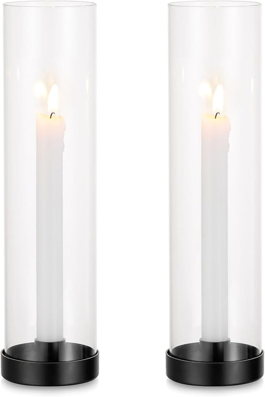 Romadedi Candlestick Candle Holders Hurricane Glass - 12 Inch Clear Black Taper Candle Holders for Table Centerpiece Wedding Party Birthday Christmas Decor Home Decorations, Set of 2