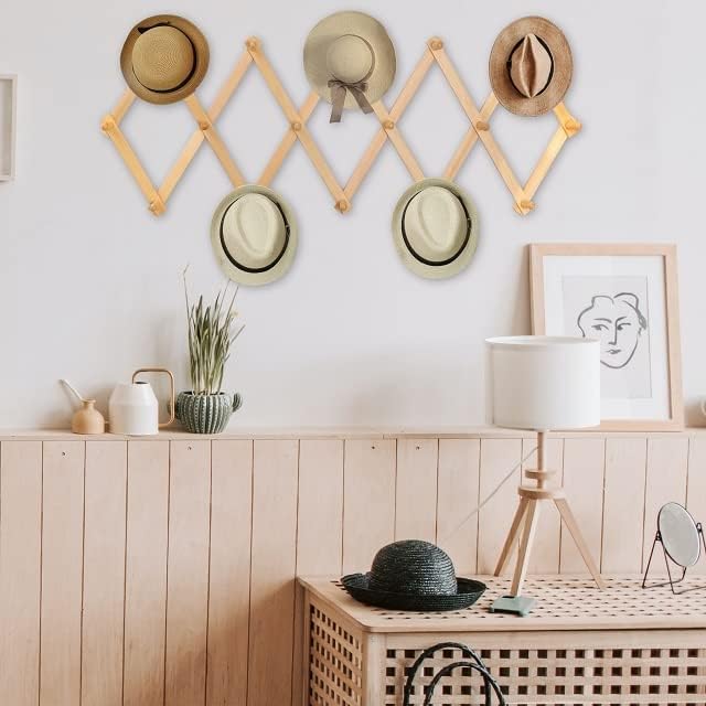 WEBI Accordion Wall Hanger,Expandable Wooden Coat Rack,Accordion Hat Rack for Wall for Hats,Caps,16 Peg Hooks,Natural,2 Packs