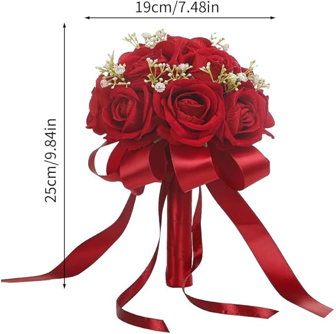 Wedding Bouquet Bride Flower Bridal Bouquets, Ribbon Artificial Rose Wedding Bouquets for Bride Bridesmaid Bouquet Dark Red Rose Bouquet Bride Bridesmaid Holding Flower for Wedding Decor