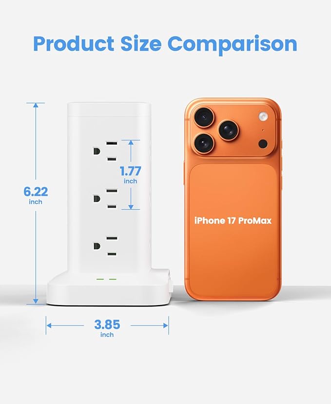 Power Strip Tower with Surge Protector 1800J, Fast Charging Tower PD20W USB-C Ports with 12 AC Outlets, 6ft Extension Cord for Home Office Dorm Room, White