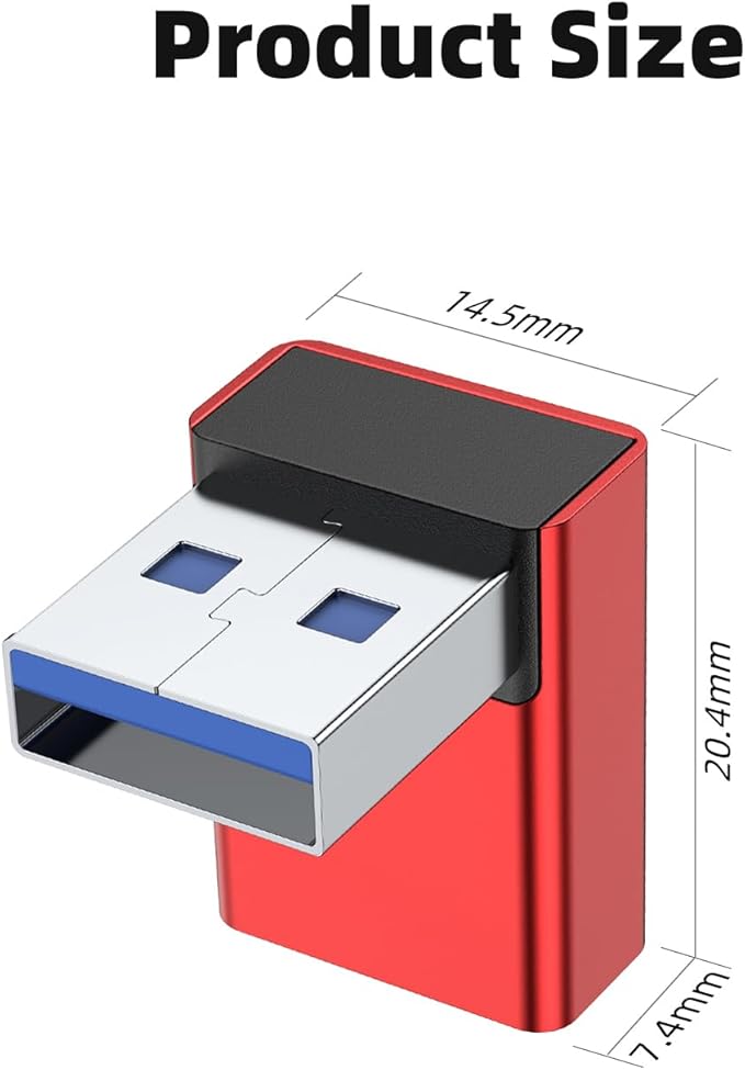 AreMe 90 Degree USB 3.0 Adapter 2 Pack, Up and Down Angle USB A Male to Female Converter Extender for PC, Laptop, USB A Charger, Power Bank and More (Red)