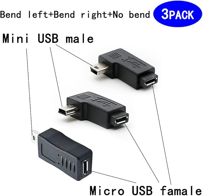 90 Degree Left & Right Angle Mini USB Male to Micro USB Female Connector Adapter 3-Pack