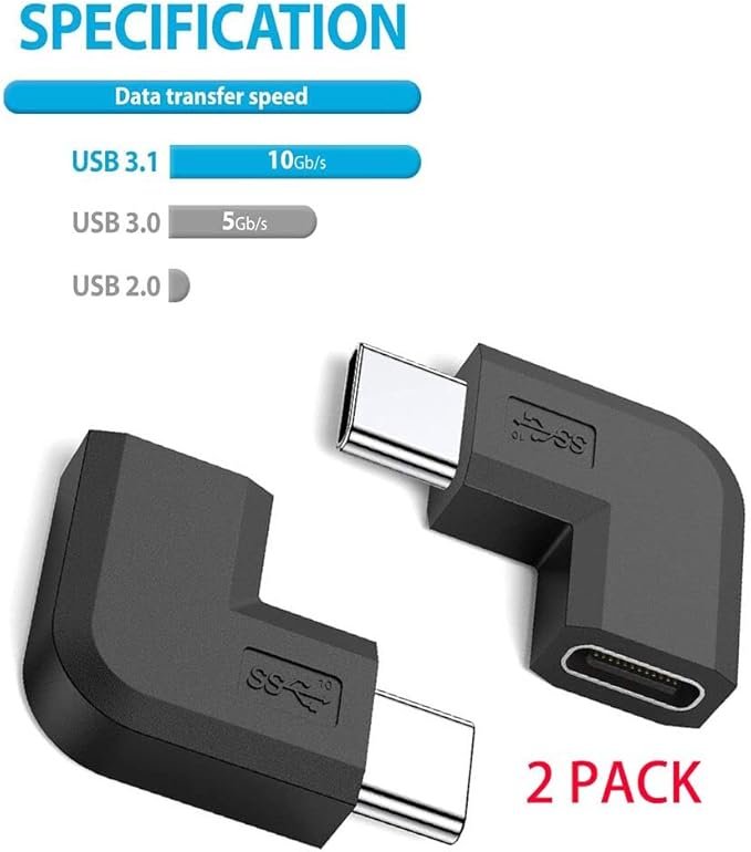 90 Degree Type USB C Adapter, 2 Pack USB C to USB-C Fast Charger and Transfer Converter [Right Angle] Compatible for Switch, Notebook Computers, Tablet, and Other Type C Cable Devices