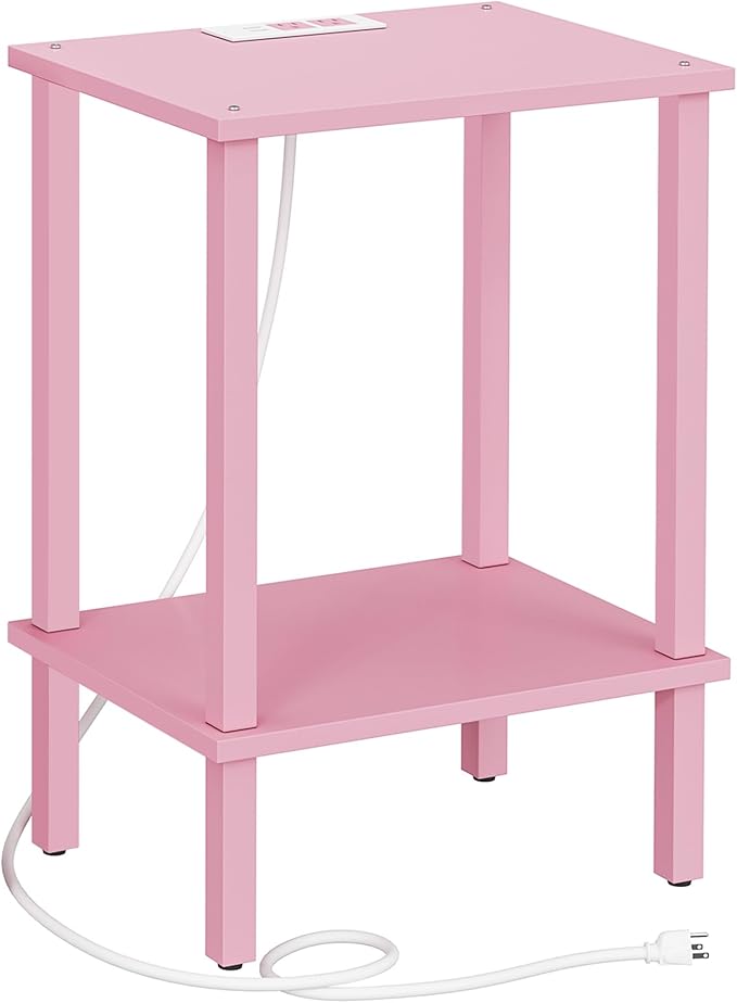 TUTOTAK End Table with Charging Station, Small Side Table with Outlets, Nightstand Bedside Table, 2-Tier Storage Shelf for Small Space, Living Room, Bedroom, Pink TB01BP040