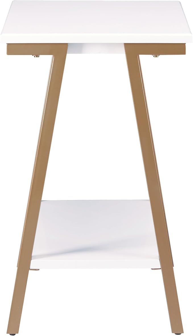 Leick Home 214312 Empiria Narrow Side Table with Shelf and Metal Frame, Wood End Table for Living Room Bedroom, White