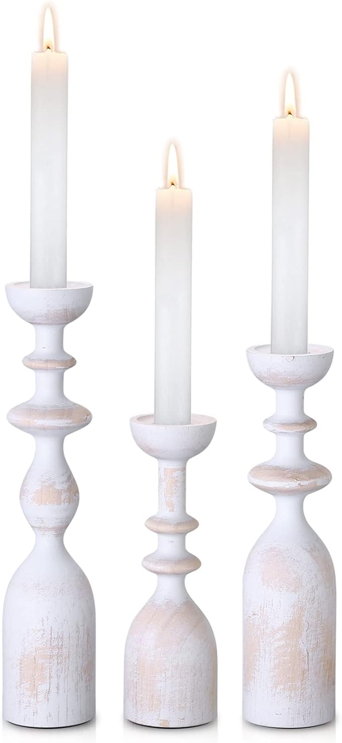 HOWSILAY Wood Candle Holder Candlestick Holders for Table Centerpiece - Rustic Farmhouse Decor Candle Stand fits 3/4" or 7/8" Taper Candle&Dia 1.5" Led Tea Lights or Pillar Candles(White)