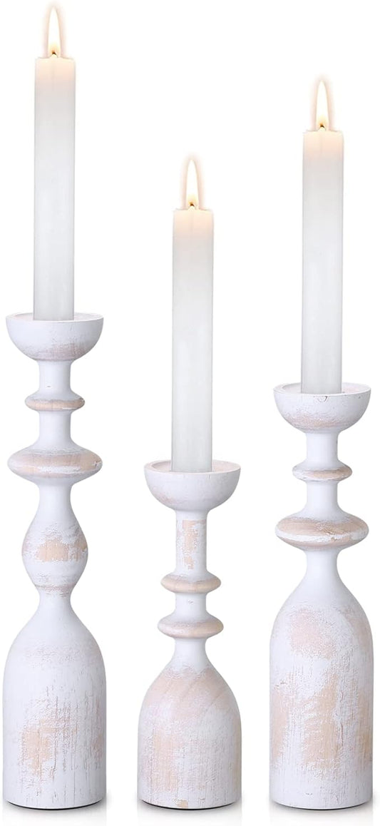 HOWSILAY Wood Candle Holder Candlestick Holders for Table Centerpiece - Rustic Farmhouse Decor Candle Stand fits 3/4" or 7/8" Taper Candle&Dia 1.5" Led Tea Lights or Pillar Candles(White)