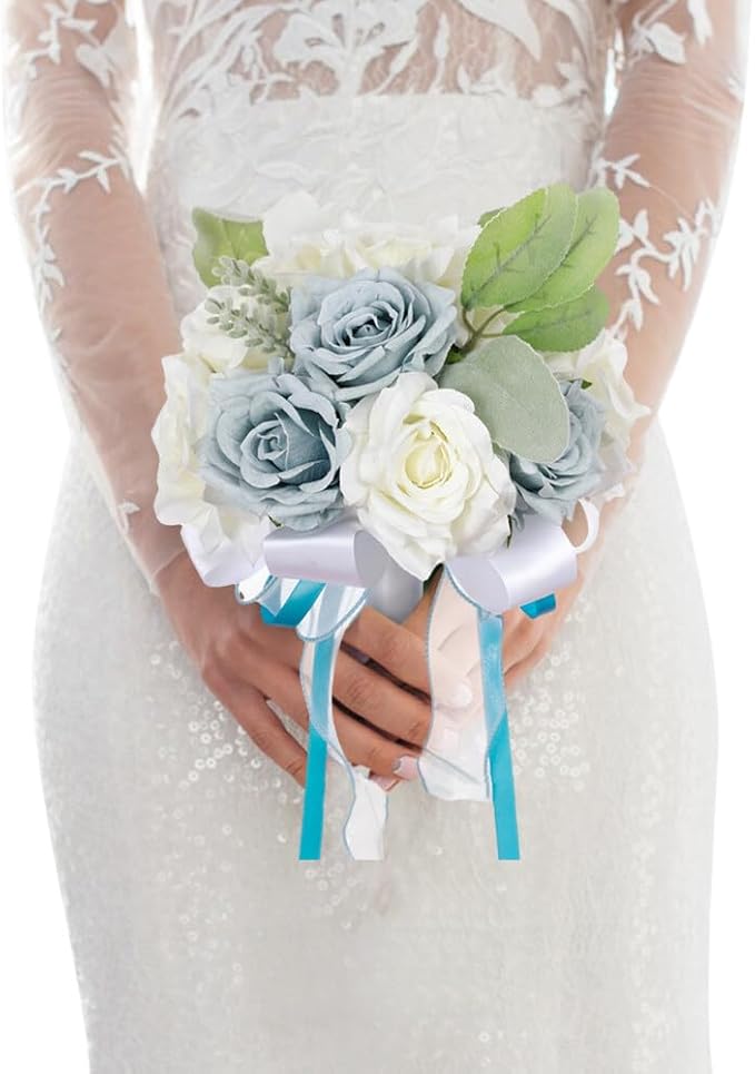Artificial Rose Wedding Bouquets - Ribbon Faux Bridal Bouquets for Bride & Bridesmaid - Holding Flower for Wedding Decor