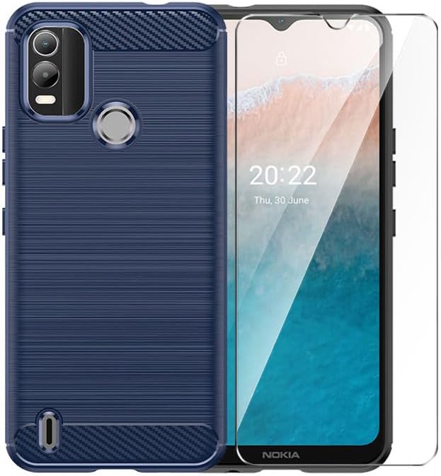 Nokia C21 Plus Case with HD Screen Protector - Non-Slip Shock-Absorption Flexible TPU Carbon Fiber Bumper, Navy