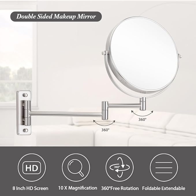 Cerdeco 8 Inch 10X Double Sided Makeup Wall Mount Mirror With Nickel Plated Finish - 360 Swivel Extendable Cosmetic Shaving Magnification