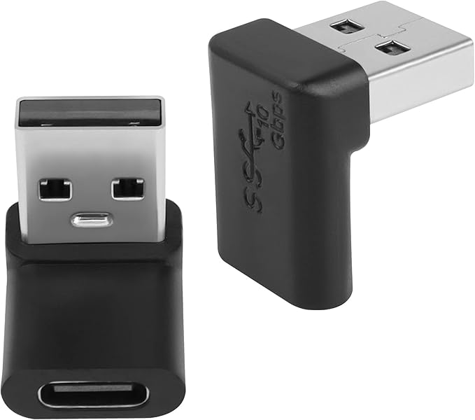 QIANRENON 10Gbps USB 3.1 to USB C 90° Angle Adapter USB A Male to USB C Female L-Shaped Angle Connector, for OTG Data Transfer 3A Charging, for PC Laptop Tablet,2Pcs (Positive Bend/Female up)