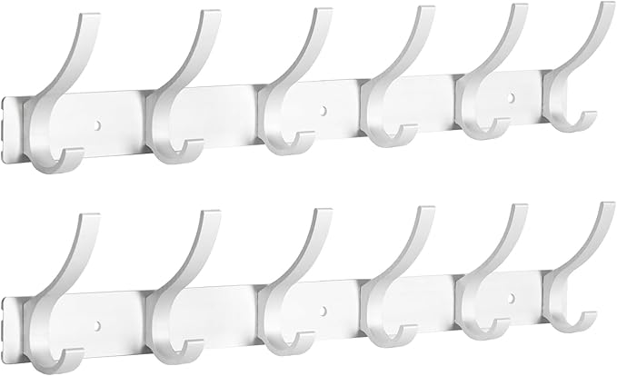 Coat Rack Wall Mount, Coat Hook Wall Mount, Wall Hooks for Hanging, Hat Rack for Walls, Coats Hanger with 12 Hook, Towel Hooks for Bathrooms (2 Pack, Silver)