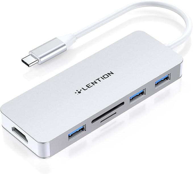 LENTION 5 in 1 USB to USB-C Adapter with Micro SD/SD Card Reader for iPhone, 4K@30Hz HDMI to USB C Hub Multiport Adapater with 3 USB 3.0 Compatible with 2025-2018 MacBook Pro/Air MacBook Neo(Silver)