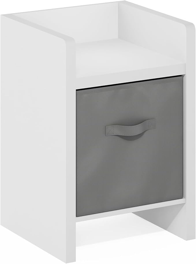 Furinno Viola Side Table, Thick Frame End Table with Storage Bin, Night Stand, Bedside Table, for Living Room, Bedroom, White/Light Grey