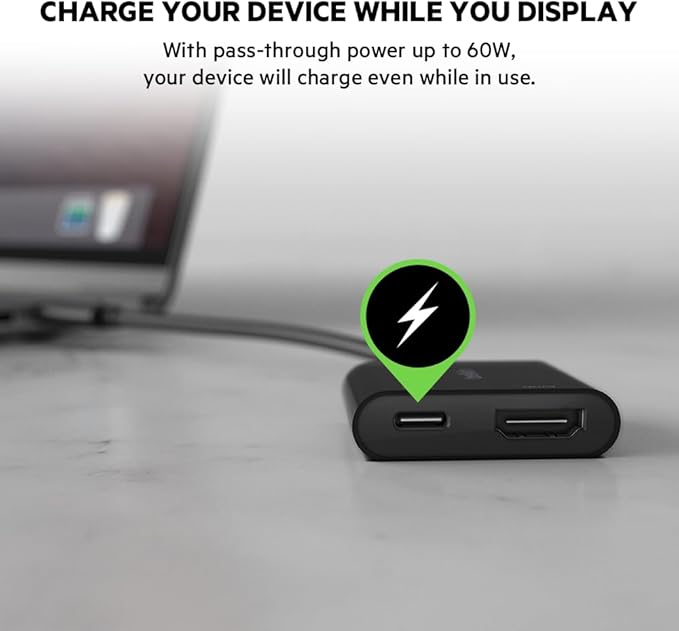 Belkin USB C to HDMI Adapter + USBC Charging Port to Charge While You Display, Supports 4K UHD Video, Passthrough Power up to 60W for Connected Devices, Compatible with MacBook, iPad, Windows