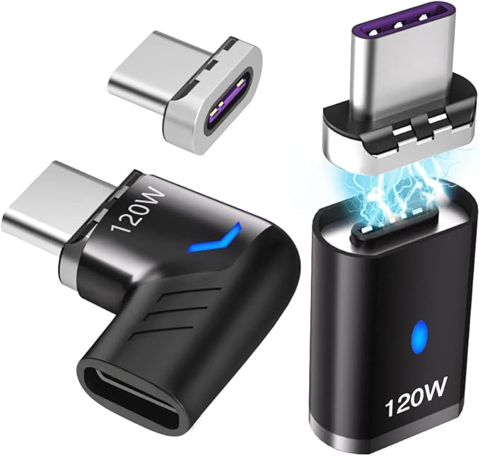 USB C Magnetic Adapter Straight + Magnetic USB C Adapter Right Angle - 3Tips 120w Fast Charging 5Pin 480Mbps Data Transmission, Black