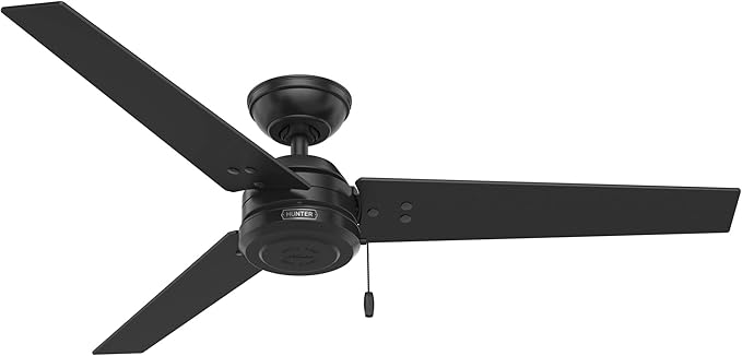 Hunter 52 inch Outdoor or Indoor Ceiling Fan No Light - Black Ceiling Fan without Light, For Patio, Porch, Garage, or Living Room, Standard Mount, 3 Blades, Pull Chain - Cassius 59264, Matte Black
